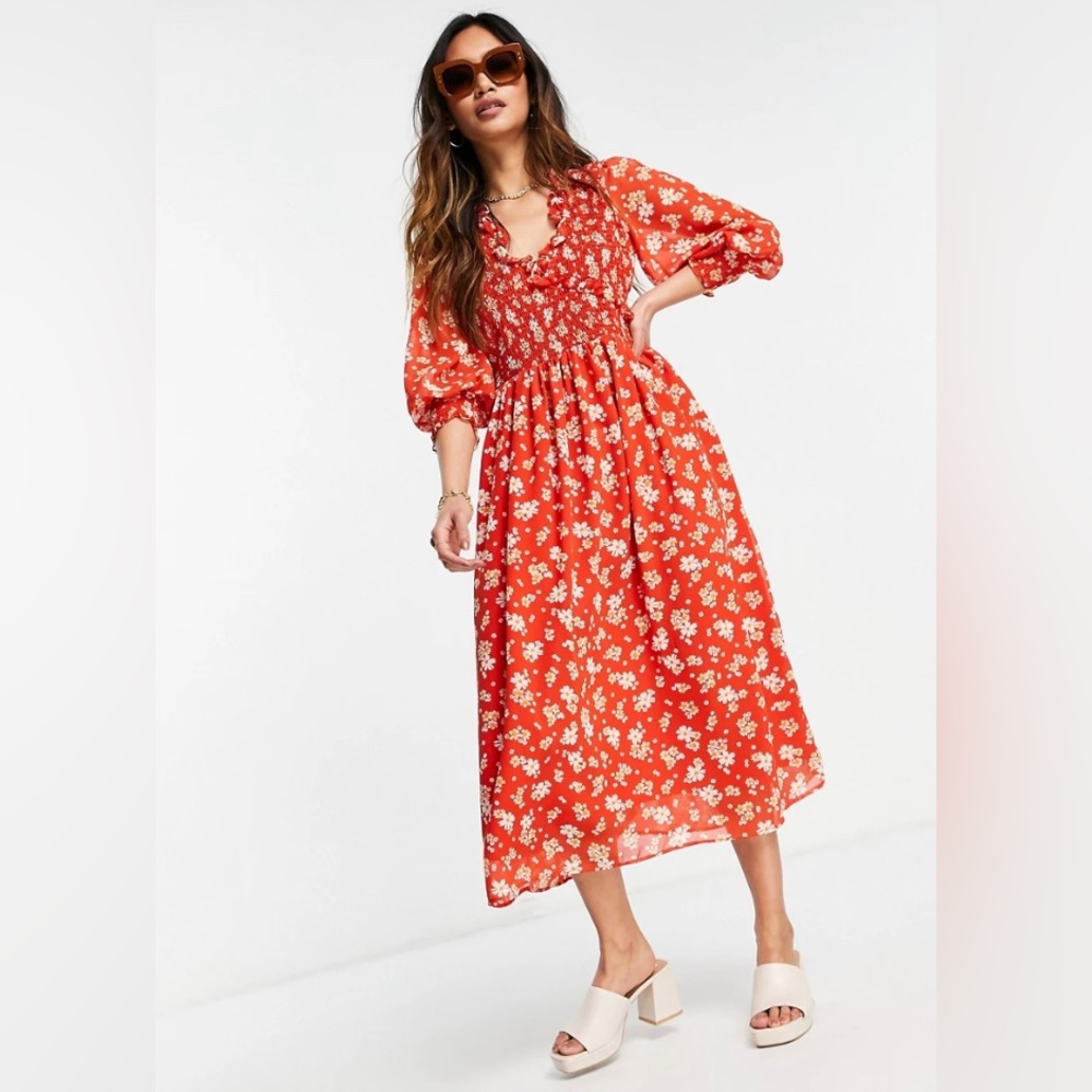 ASOS Design midi smock dress red floral print